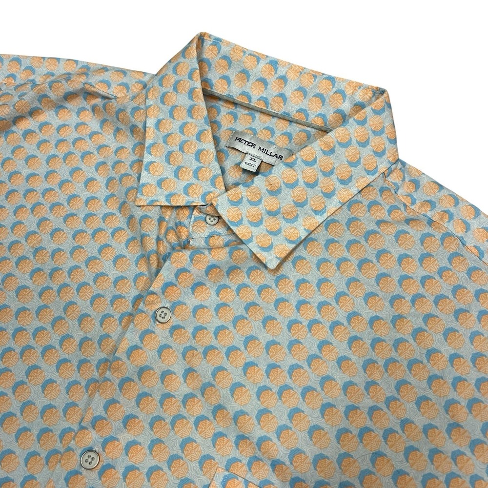 Peter Millar Throwing Shade Button Up Shirt Mens Large Umbrella AOP Short Sleeve